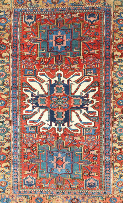 Antique Persian Karajeh - Serapi with Tribal Design Measures: 4'7'' x 6'10''. Established with luxurious jewel tones, this finely woven antique Serapi - Karajeh carpet from Persia is a striking piece. It is engagingly accented with a brilliant ta... - Keivan Woven ArtsI - 0501 - 2639Rug