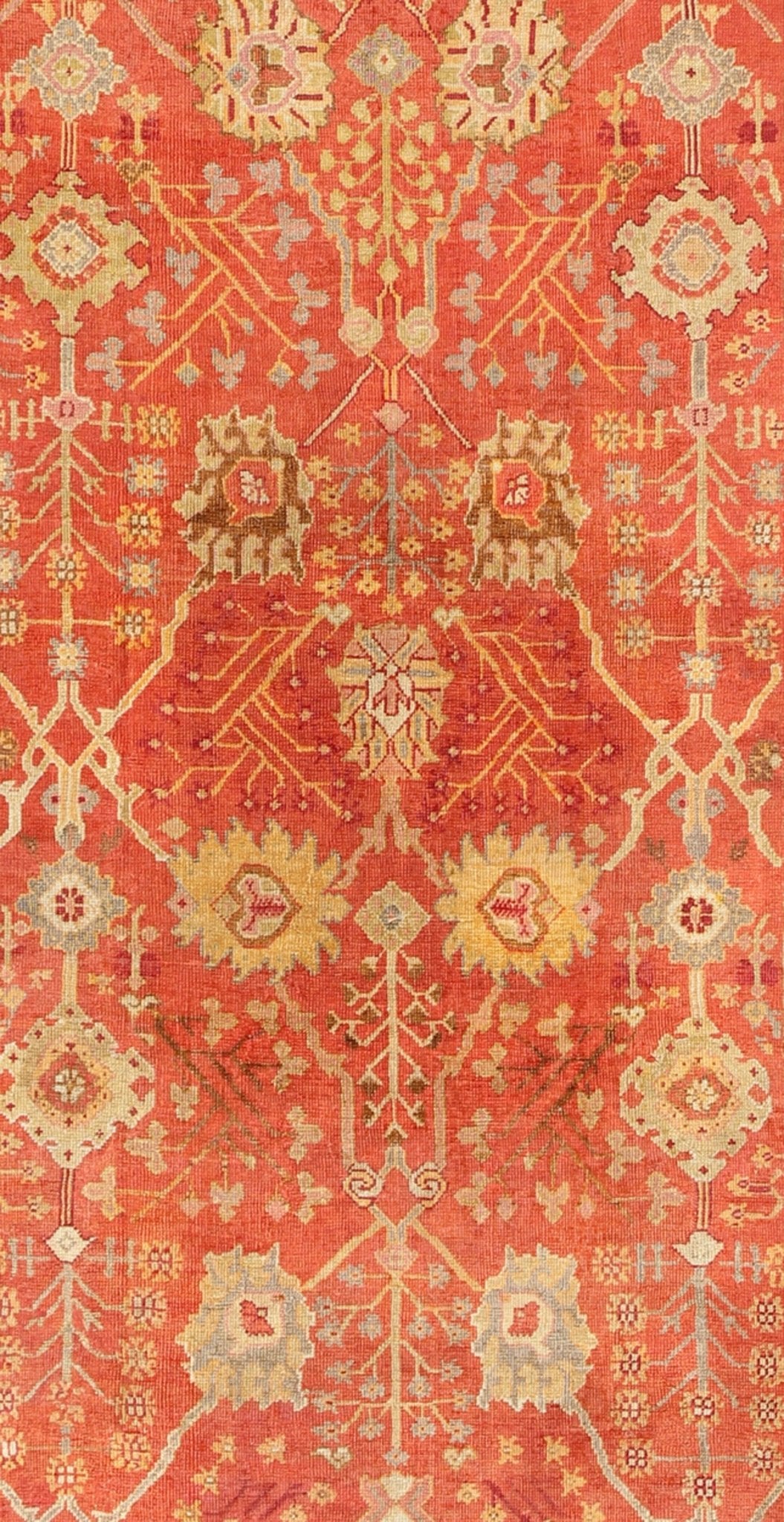 Antique Turkish Oushak Rug With All - Over Design On Orange Red Field and Gray Border. Antique Turkish Oushak Rug With All - Over Design. Keivan Woven Arts; rug/ I - 0601, Country of Origin: Turkey Type: Antique Oushak Design: Floral, Sub - Geometric, ... - Keivan Woven ArtsI - 0601 - 2464Rug