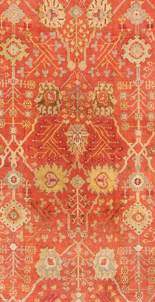 Antique Turkish Oushak Rug With All - Over Design On Orange Red Field and Gray Border. Antique Turkish Oushak Rug With All - Over Design. Keivan Woven Arts; rug/ I - 0601, Country of Origin: Turkey Type: Antique Oushak Design: Floral, Sub - Geometric, ... - Keivan Woven ArtsI - 0601 - 2464Rug