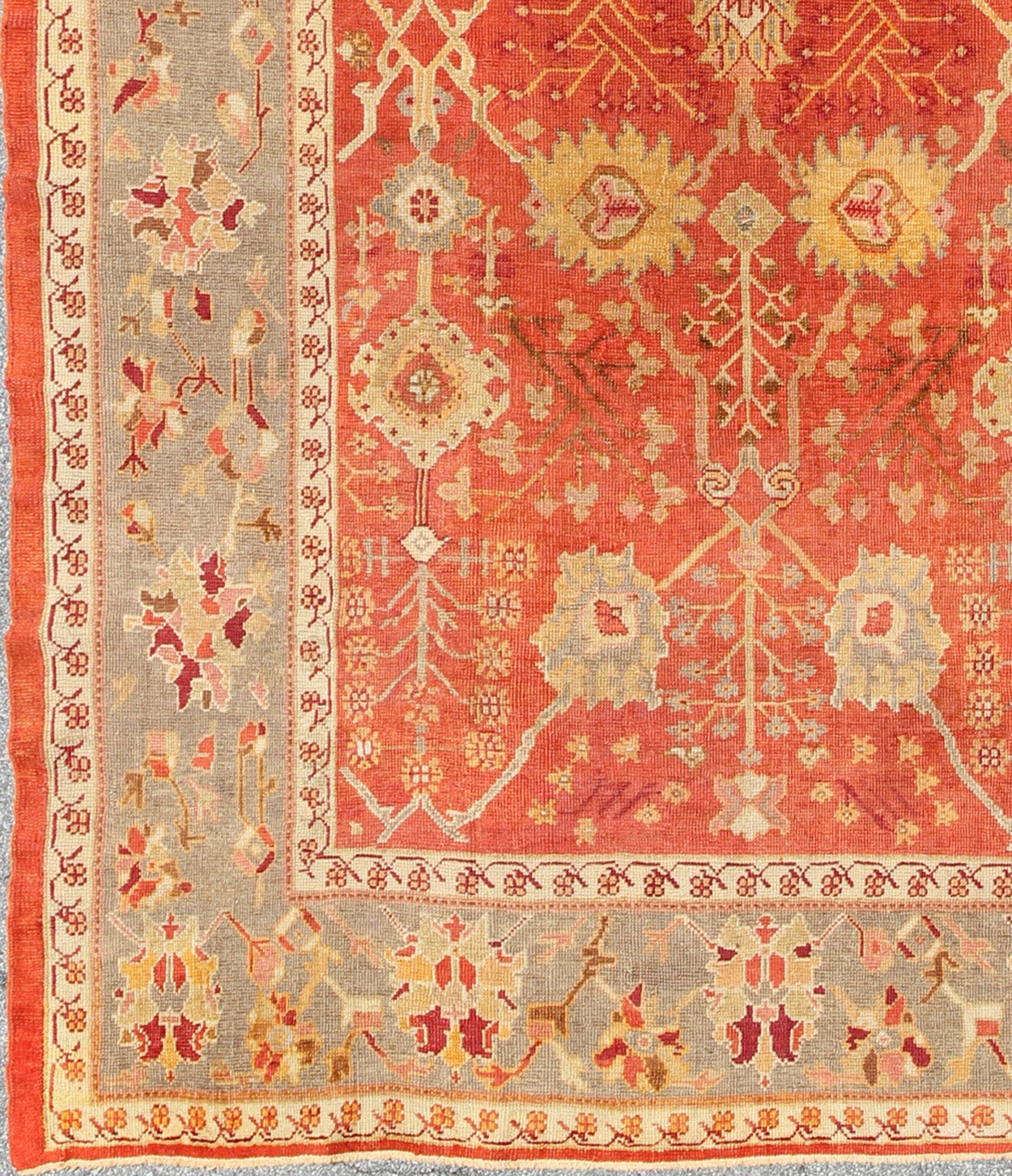 Antique Turkish Oushak Rug With All - Over Design On Orange Red Field and Gray Border. Antique Turkish Oushak Rug With All - Over Design. Keivan Woven Arts; rug/ I - 0601, Country of Origin: Turkey Type: Antique Oushak Design: Floral, Sub - Geometric, ... - Keivan Woven ArtsI - 0601 - 2464Rug