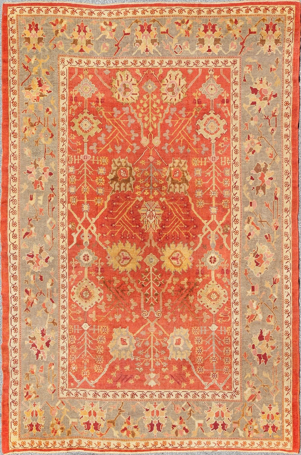 Antique Turkish Oushak Rug With All - Over Design On Orange Red Field and Gray Border. Antique Turkish Oushak Rug With All - Over Design. Keivan Woven Arts; rug/ I - 0601, Country of Origin: Turkey Type: Antique Oushak Design: Floral, Sub - Geometric, ... - Keivan Woven ArtsI - 0601 - 2464Rug