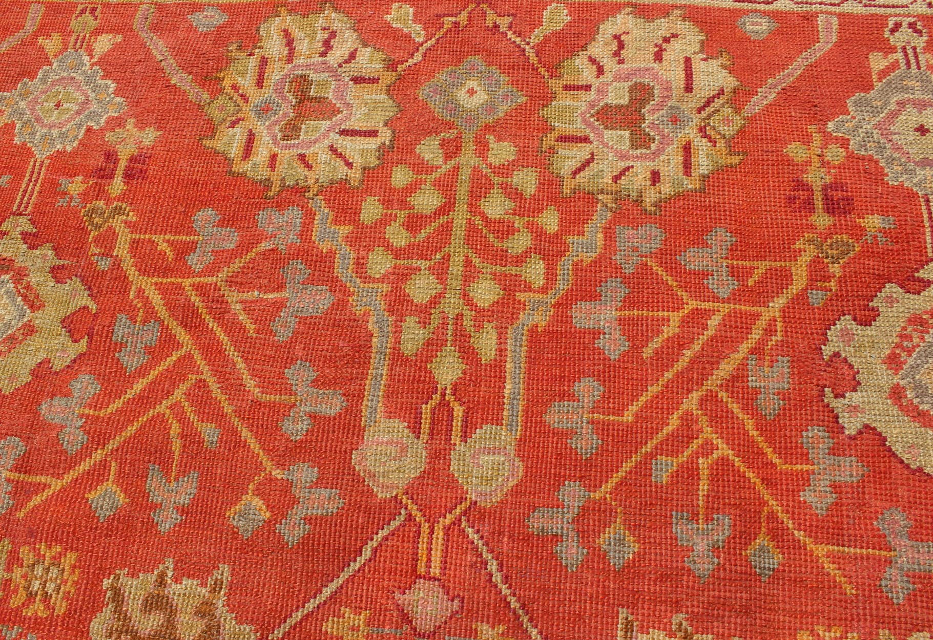 Antique Turkish Oushak Rug With All - Over Design On Orange Red Field and Gray Border. Antique Turkish Oushak Rug With All - Over Design. Keivan Woven Arts; rug/ I - 0601, Country of Origin: Turkey Type: Antique Oushak Design: Floral, Sub - Geometric, ... - Keivan Woven ArtsI - 0601 - 2464Rug