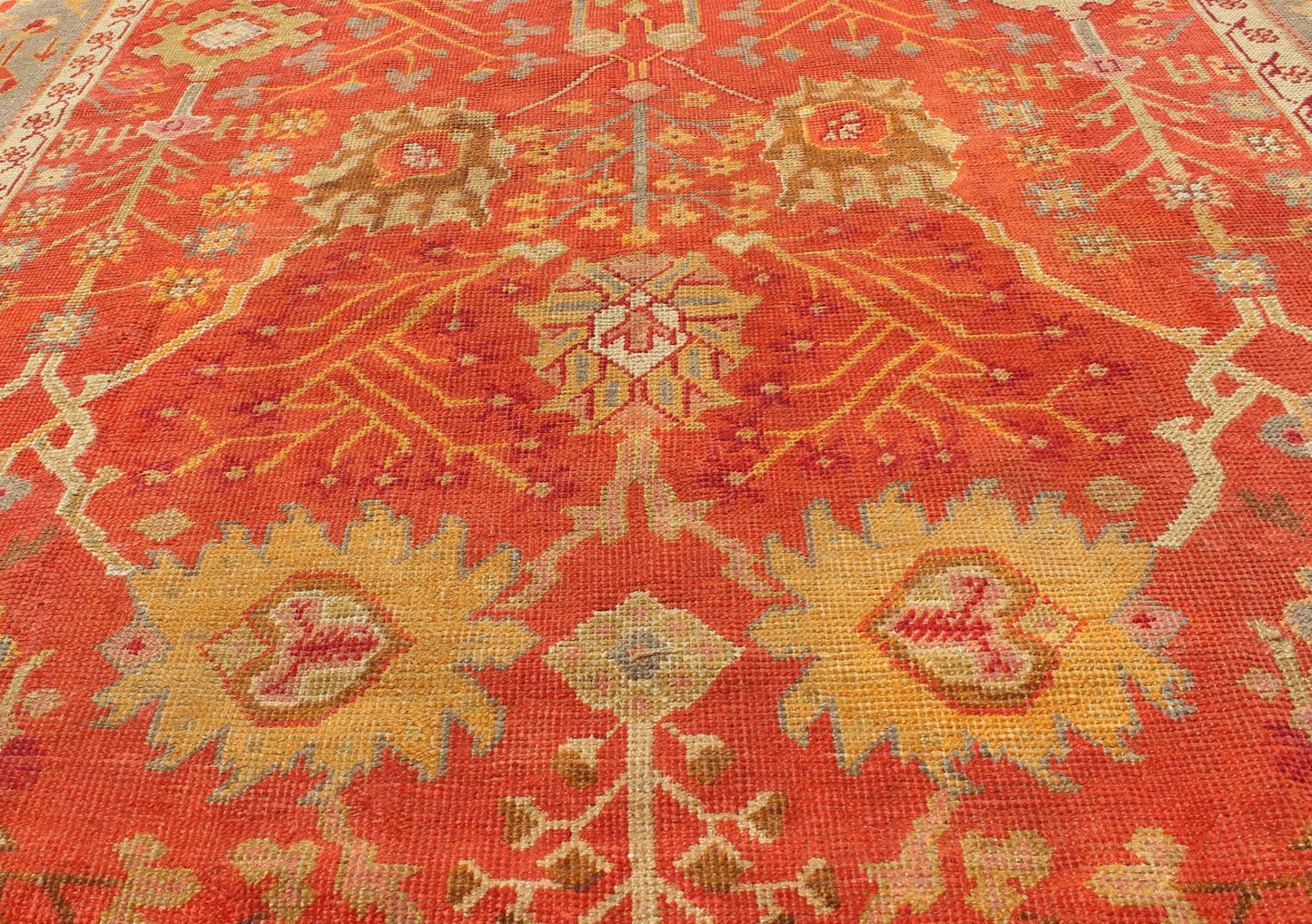 Antique Turkish Oushak Rug With All - Over Design On Orange Red Field and Gray Border. Antique Turkish Oushak Rug With All - Over Design. Keivan Woven Arts; rug/ I - 0601, Country of Origin: Turkey Type: Antique Oushak Design: Floral, Sub - Geometric, ... - Keivan Woven ArtsI - 0601 - 2464Rug