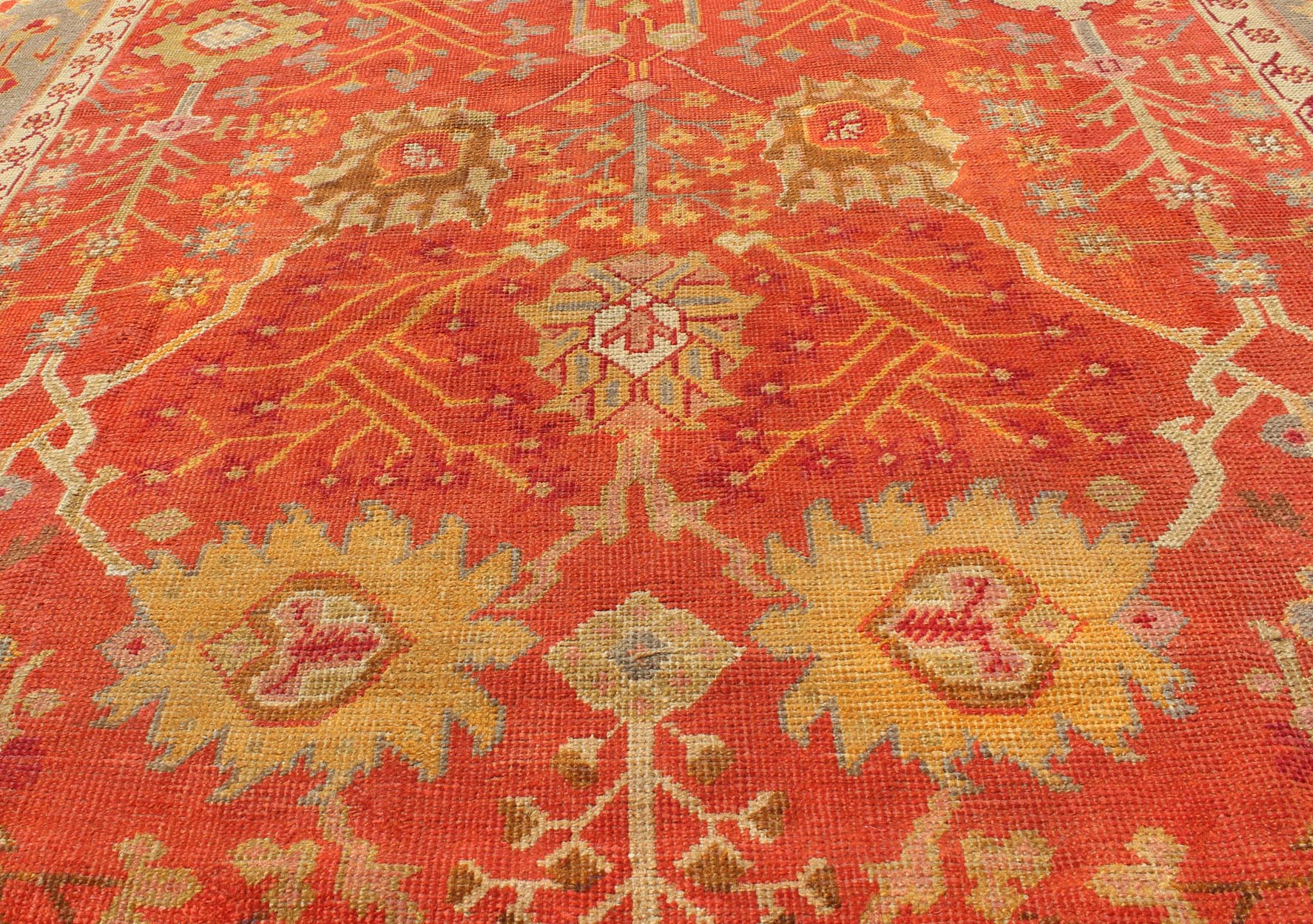 Antique Turkish Oushak Rug With All - Over Design On Orange Red Field and Gray Border. Antique Turkish Oushak Rug With All - Over Design. Keivan Woven Arts; rug/ I - 0601, Country of Origin: Turkey Type: Antique Oushak Design: Floral, Sub - Geometric, ... - Keivan Woven ArtsI - 0601 - 2464Rug