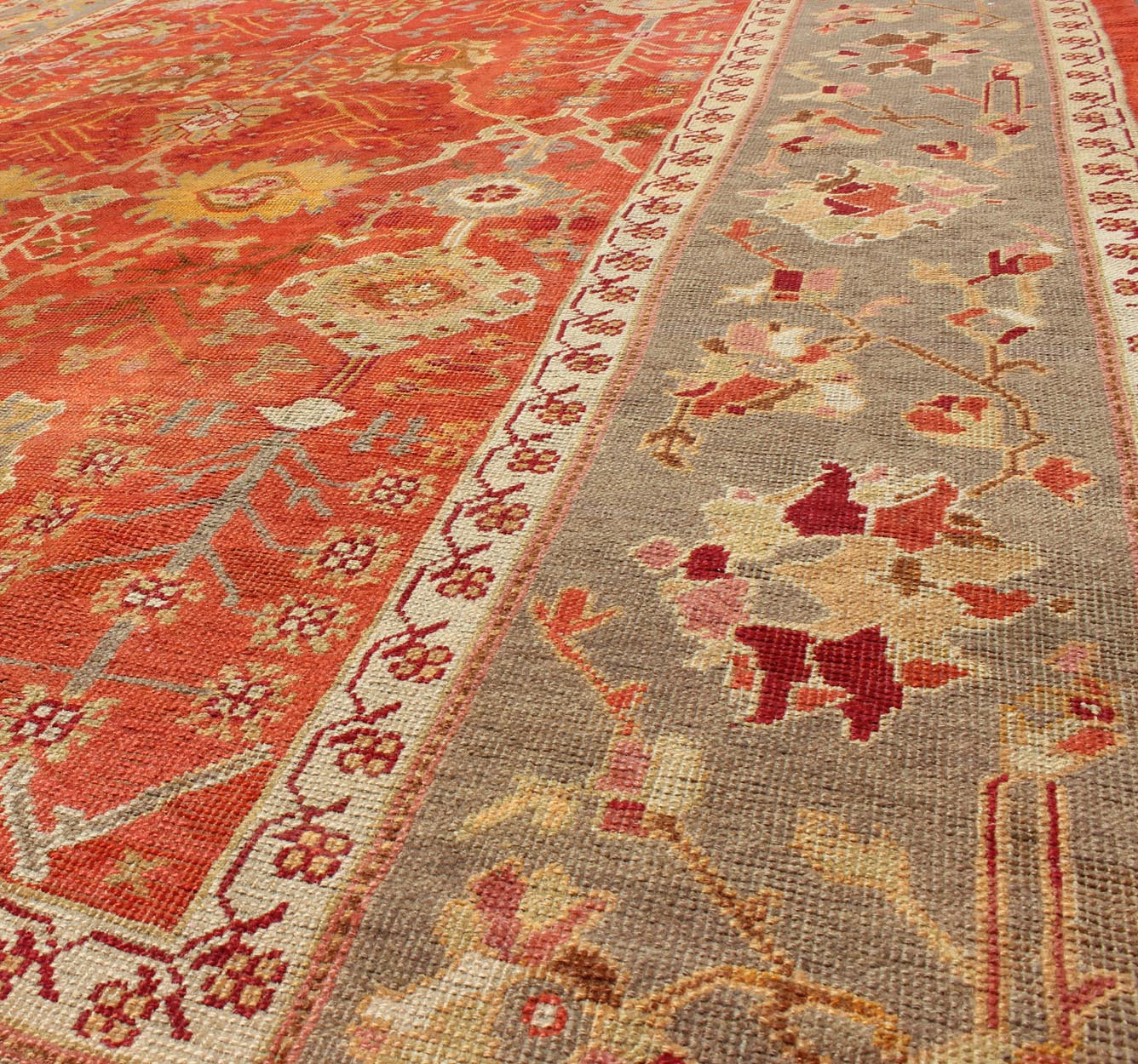 Antique Turkish Oushak Rug With All - Over Design On Orange Red Field and Gray Border. Antique Turkish Oushak Rug With All - Over Design. Keivan Woven Arts; rug/ I - 0601, Country of Origin: Turkey Type: Antique Oushak Design: Floral, Sub - Geometric, ... - Keivan Woven ArtsI - 0601 - 2464Rug