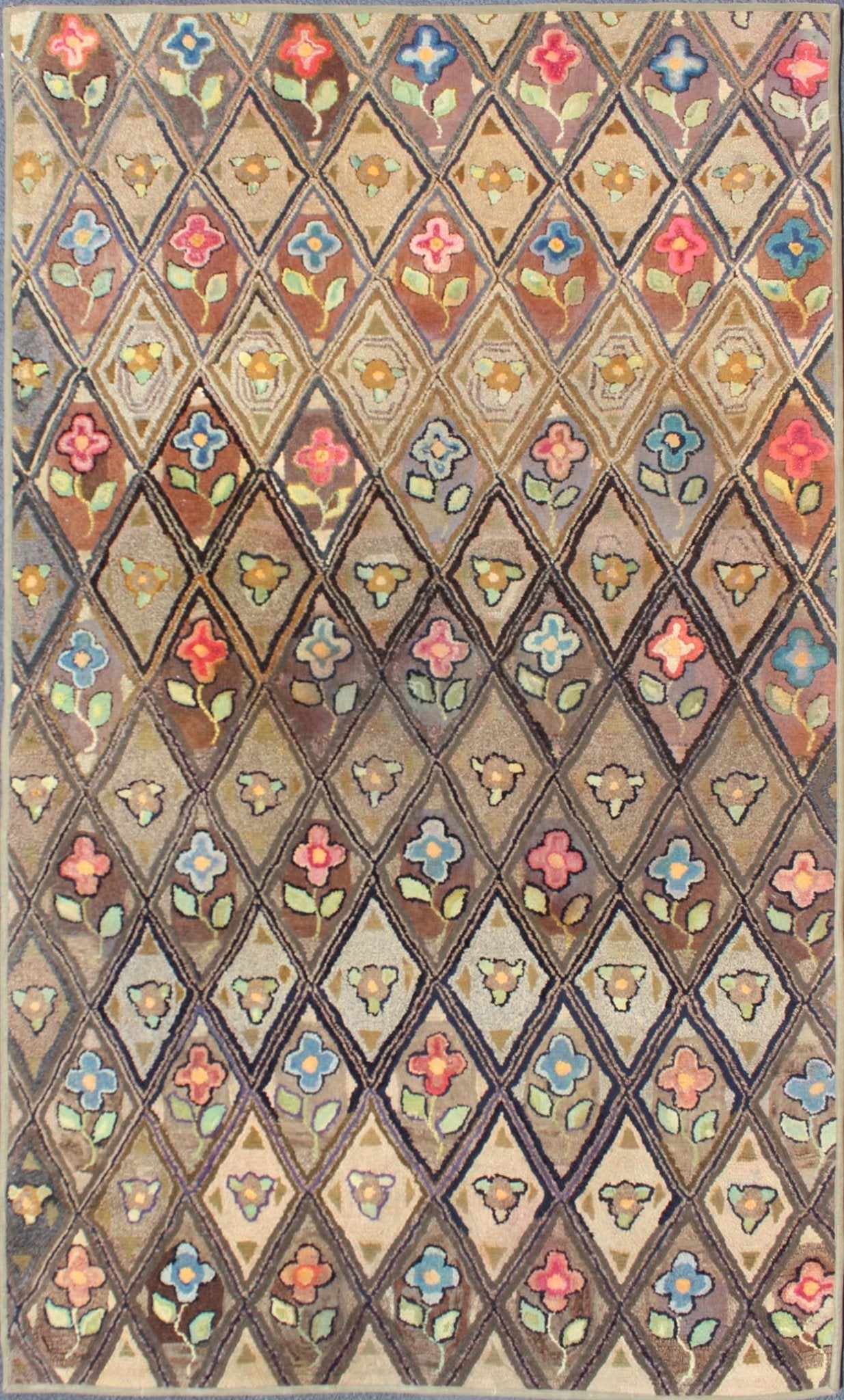 Antique American Hooked Rug with Diamond Patchwork Floral Design Antique American Hooked Rug with Diamond Patchwork Floral Design, rug i - 0701, country of origin / type: United States / Hooked, circa 1890 Ingenious in style, color and comp... - Keivan Woven ArtsI - 0701 - 1530Rug