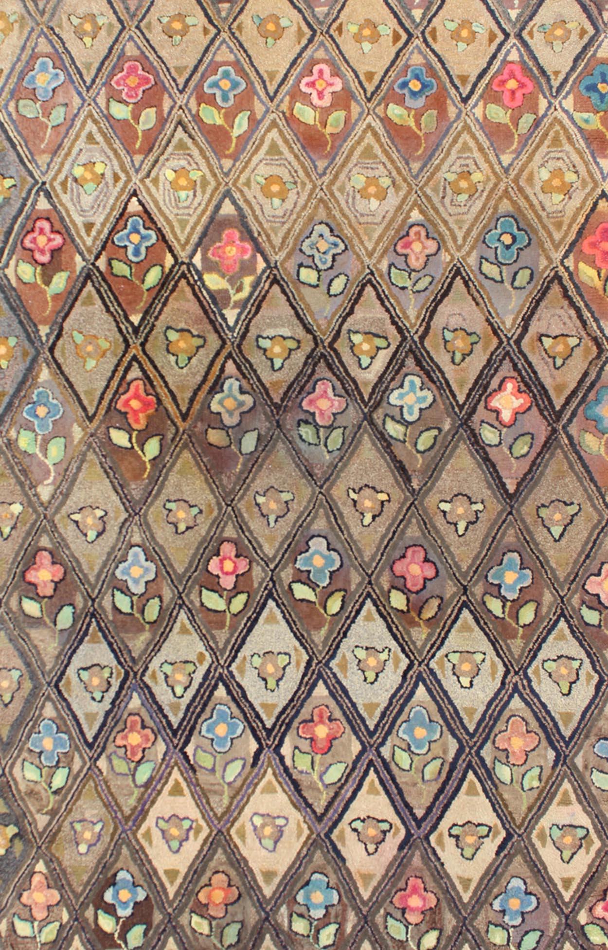 Antique American Hooked Rug with Diamond Patchwork Floral Design Antique American Hooked Rug with Diamond Patchwork Floral Design, rug i - 0701, country of origin / type: United States / Hooked, circa 1890 Ingenious in style, color and comp... - Keivan Woven ArtsI - 0701 - 1530Rug