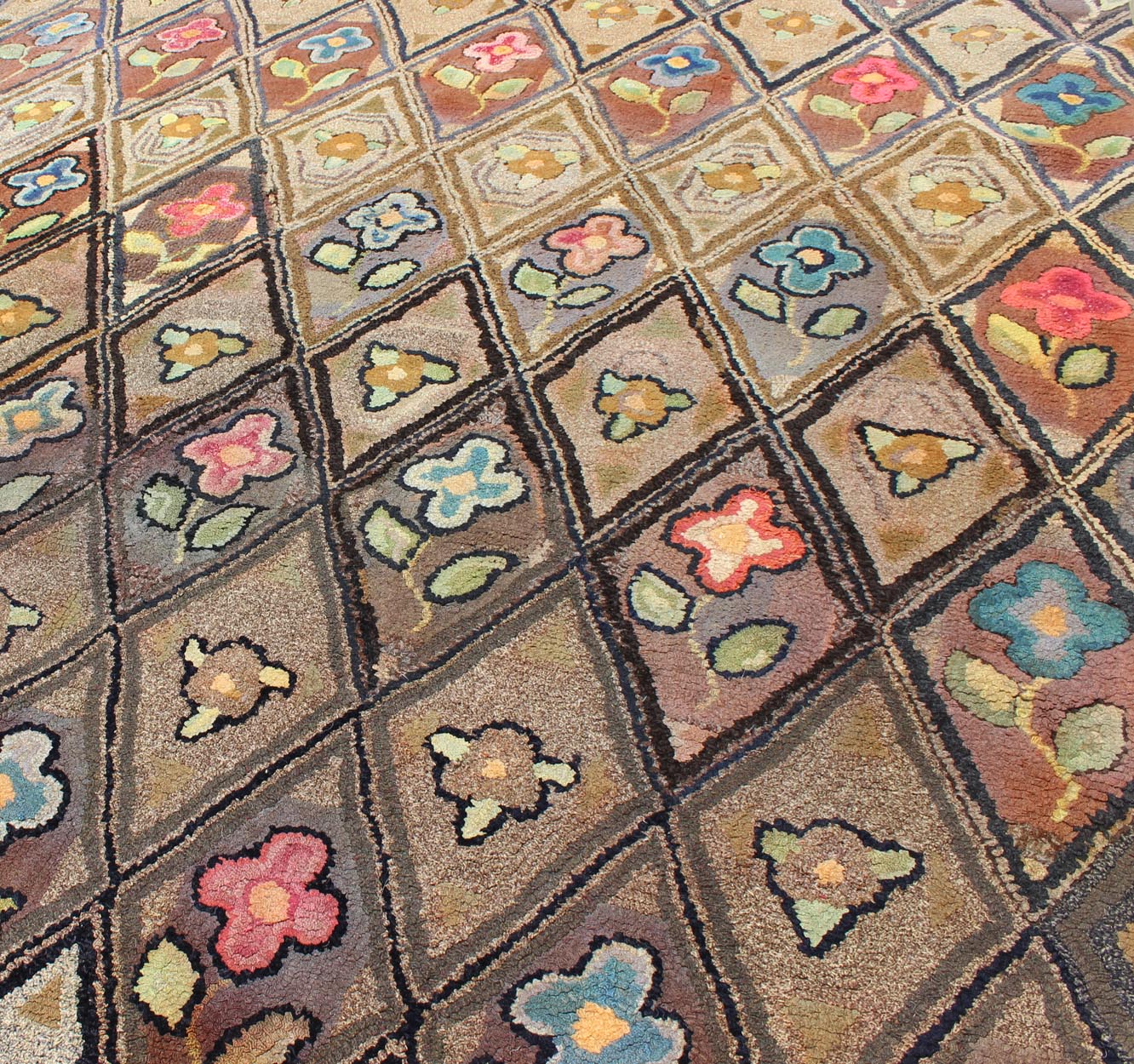 Antique American Hooked Rug with Diamond Patchwork Floral Design Antique American Hooked Rug with Diamond Patchwork Floral Design, rug i - 0701, country of origin / type: United States / Hooked, circa 1890 Ingenious in style, color and comp... - Keivan Woven ArtsI - 0701 - 1530Rug