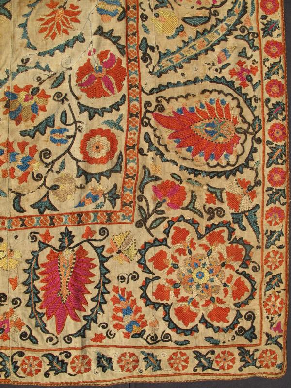 Antique Uzbekistan Suzani Embroidery A true jewel of Uzbekistani embroidery, this magnificent antique Suzani is illuminated with a dazzling display of bright colors and exotic design. Because of their exquisite needlework, the highly desirable S... - Keivan Woven ArtsI - 1002 - 1578Rug