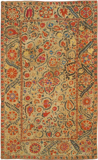 Antique Uzbekistan Suzani Embroidery A true jewel of Uzbekistani embroidery, this magnificent antique Suzani is illuminated with a dazzling display of bright colors and exotic design. Because of their exquisite needlework, the highly desirable S... - Keivan Woven ArtsI - 1002 - 1578Rug