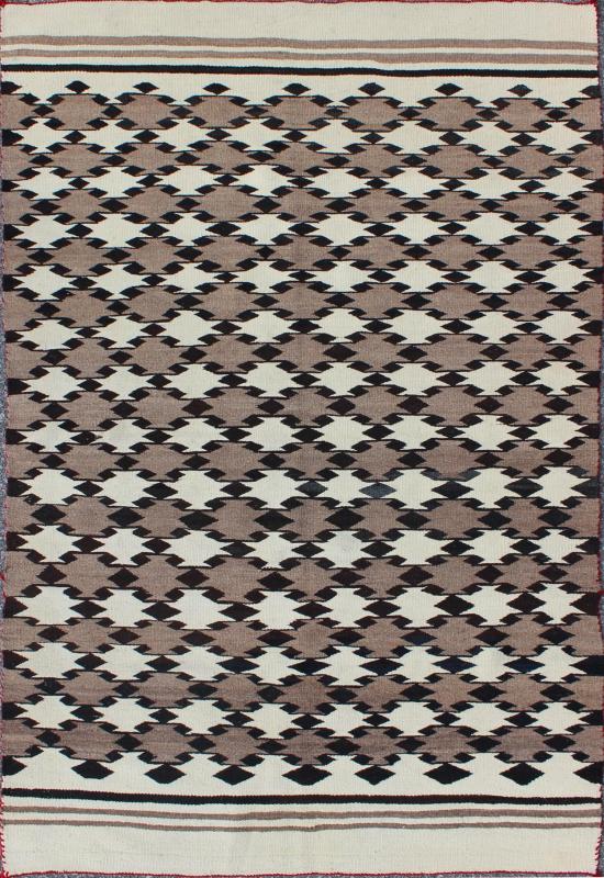 Navajo Blanket in Tribal All Over Design Design in Light Brown, Black, and Ivory. American Navajo rug with latticework tribal design, rug I - 1101, country of origin / type: North America / Navajo, circa 1950 early 20th Century. This intrig... - Keivan Woven ArtsI - 1101 - 6334Rug