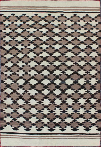 Navajo Blanket in Tribal All Over Design Design in Light Brown, Black, and Ivory. American Navajo rug with latticework tribal design, rug I - 1101, country of origin / type: North America / Navajo, circa 1950 early 20th Century. This intrig... - Keivan Woven ArtsI - 1101 - 6334Rug