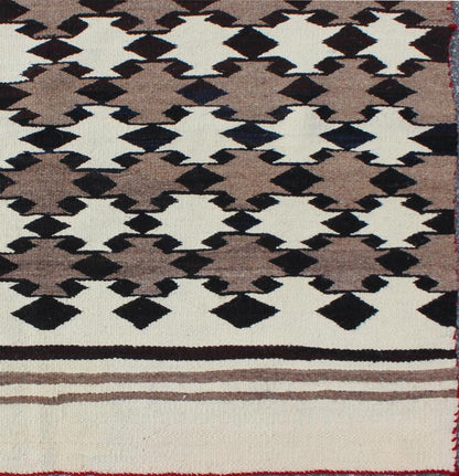 Navajo Blanket in Tribal All Over Design Design in Light Brown, Black, and Ivory. American Navajo rug with latticework tribal design, rug I - 1101, country of origin / type: North America / Navajo, circa 1950 early 20th Century. This intrig... - Keivan Woven ArtsI - 1101 - 6334Rug