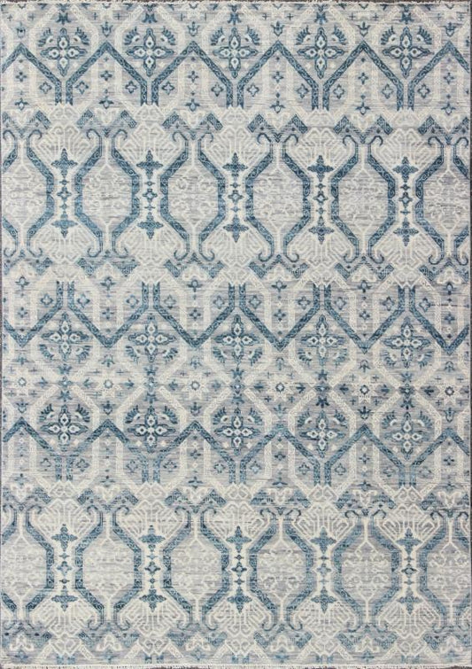 Keivan Woven Arts, In - Bam - 55972, Geometric Indian Modern Design Rug - hand - woven Indian Transitional rug features a beautiful geometric design in blue, gray and ivory colors. Measures: 8'11 x 12'1 - Keivan Woven ArtsIN - BAM - 55972 - GC - 007 - 7503Rug