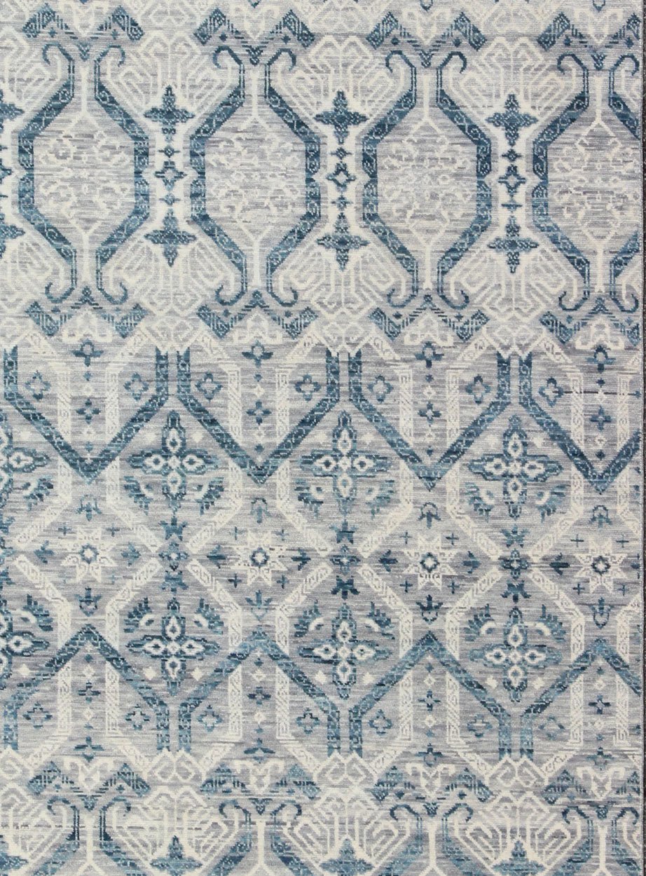 Keivan Woven Arts, In - Bam - 55972, Geometric Indian Modern Design Rug - hand - woven Indian Transitional rug features a beautiful geometric design in blue, gray and ivory colors. Measures: 8'11 x 12'1 - Keivan Woven ArtsIN - BAM - 55972 - GC - 007 - 7503Rug