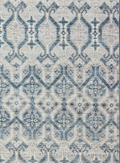 Keivan Woven Arts, In - Bam - 55972, Geometric Indian Modern Design Rug - hand - woven Indian Transitional rug features a beautiful geometric design in blue, gray and ivory colors. Measures: 8'11 x 12'1 - Keivan Woven ArtsIN - BAM - 55972 - GC - 007 - 7503Rug