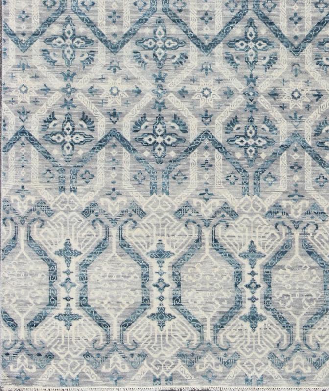 Keivan Woven Arts, In - Bam - 55972, Geometric Indian Modern Design Rug - hand - woven Indian Transitional rug features a beautiful geometric design in blue, gray and ivory colors. Measures: 8'11 x 12'1 - Keivan Woven ArtsIN - BAM - 55972 - GC - 007 - 7503Rug