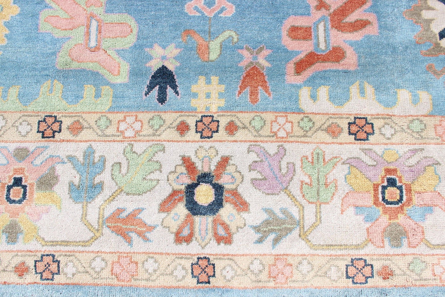 Large Pastel Indian Hand - Knotted Wool Oushak Area Rug in Blue and Pink Measures 9'3 x 12'0 Country of Origin: India; Type: Oushak; Design: All - Over, Floral, Oushak Floral; Keivan Woven Arts; rug IN - CLR - 1001; Large Pastel Indian Ha... - Keivan Woven ArtsIN - CLR - 1001 - 13438Rug