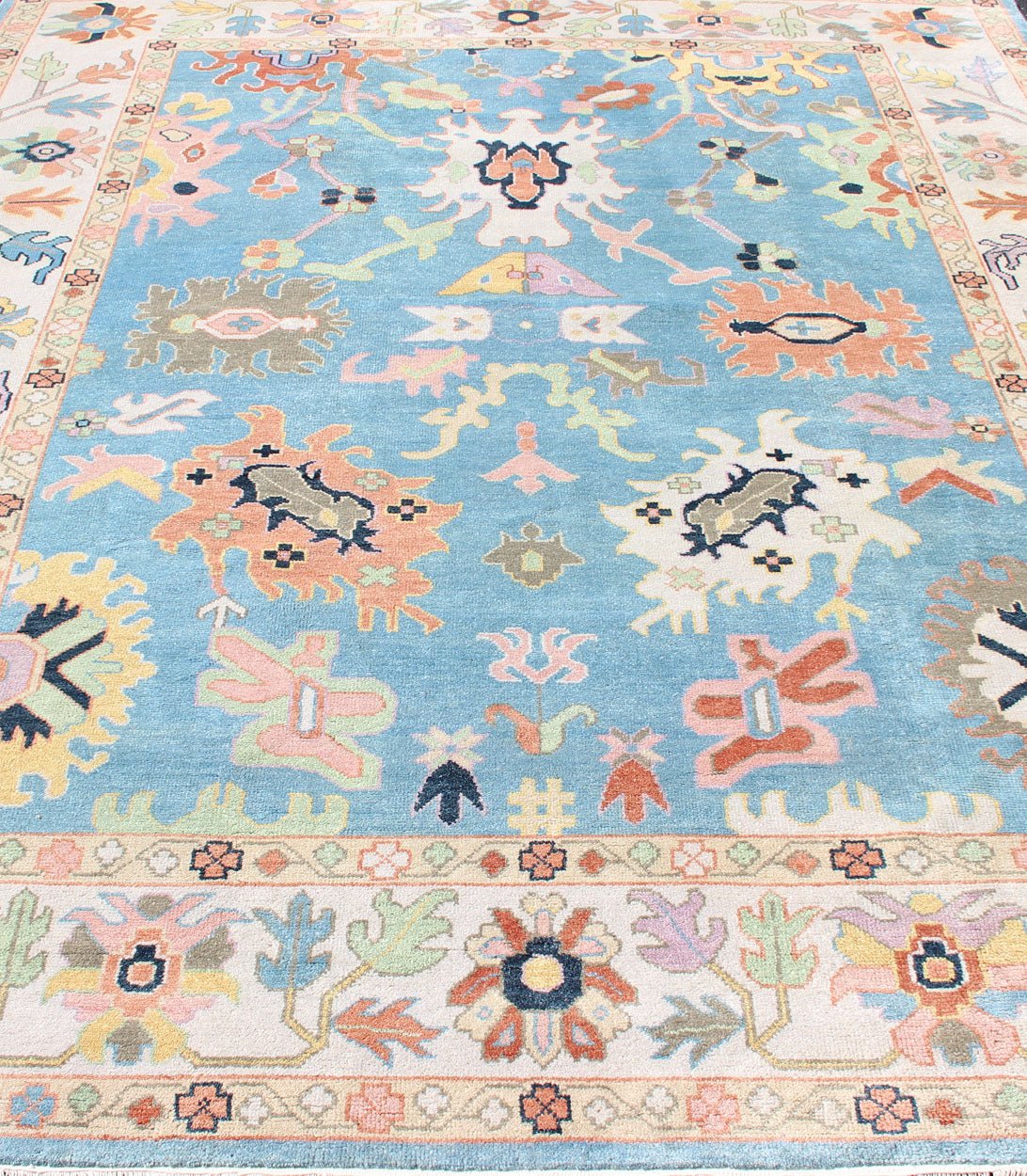 Large Pastel Indian Hand - Knotted Wool Oushak Area Rug in Blue and Pink Measures 9'3 x 12'0 Country of Origin: India; Type: Oushak; Design: All - Over, Floral, Oushak Floral; Keivan Woven Arts; rug IN - CLR - 1001; Large Pastel Indian Ha... - Keivan Woven ArtsIN - CLR - 1001 - 13438Rug