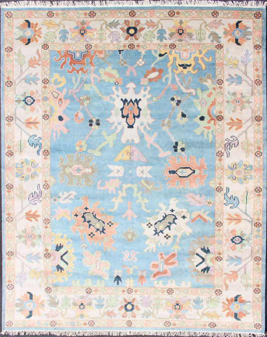 Large Pastel Indian Hand - Knotted Wool Oushak Area Rug in Blue and Pink Measures 9'3 x 12'0 Country of Origin: India; Type: Oushak; Design: All - Over, Floral, Oushak Floral; Keivan Woven Arts; rug IN - CLR - 1001; Large Pastel Indian Ha... - Keivan Woven ArtsIN - CLR - 1001 - 13438