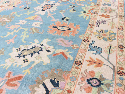 Large Pastel Indian Hand - Knotted Wool Oushak Area Rug in Blue and Pink Measures 9'3 x 12'0 Country of Origin: India; Type: Oushak; Design: All - Over, Floral, Oushak Floral; Keivan Woven Arts; rug IN - CLR - 1001; Large Pastel Indian Ha... - Keivan Woven ArtsIN - CLR - 1001 - 13438Rug