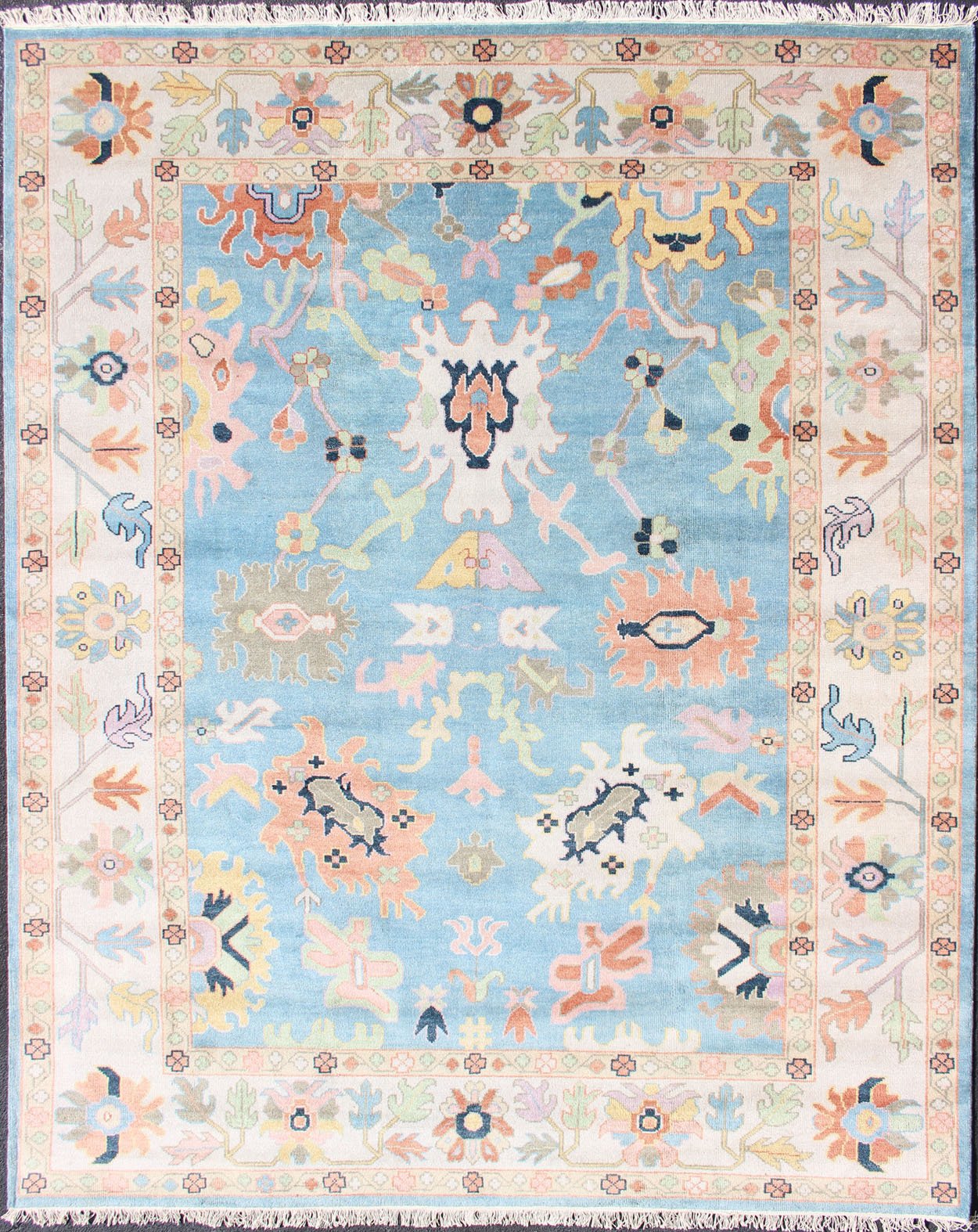 Large Pastel Indian Hand - Knotted Wool Oushak Area Rug in Blue and Pink Measures 9'3 x 12'0 Country of Origin: India; Type: Oushak; Design: All - Over, Floral, Oushak Floral; Keivan Woven Arts; rug IN - CLR - 1001; Large Pastel Indian Ha... - Keivan Woven ArtsIN - CLR - 1001 - 13438Rug