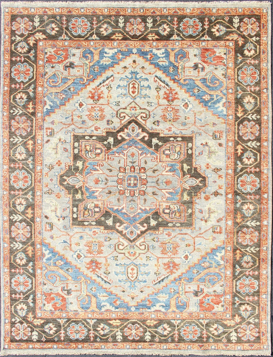 Indian Hand - Knotted Medallion Heriz in Cocoa, Denim, and Red Measures 8'6 x 11'10 Country of Origin: India; Type: Heriz; Design; Floral Border, Floral Medallion, Diamond Medallion; Keivan Woven Arts: rug IN - CPL - DM294; Indian Hand - Knotted... - Keivan Woven ArtsIN - CPL - DM294 - 13450