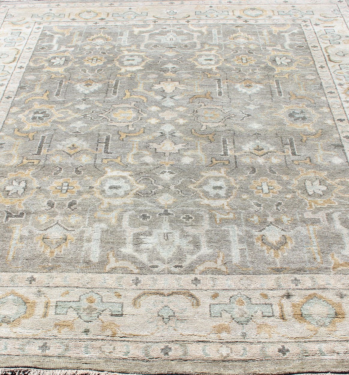 Hand - Knotted Indian Oushak in Faded Green, Taupe, Gold and Cream Measures 8'0 x 10'2 Country of Origin: India; Type: Oushak; Designs: Floral Medallion, Floral Motif, Geometric; Keivan Woven Arts: rug IN - CPL - DM313; Hand - Knotted I... - Keivan Woven ArtsIN - CPL - DM313 - 13456Rug