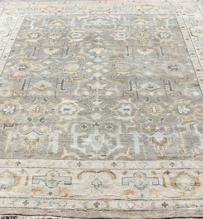 Hand - Knotted Indian Oushak in Faded Green, Taupe, Gold and Cream Measures 8'0 x 10'2 Country of Origin: India; Type: Oushak; Designs: Floral Medallion, Floral Motif, Geometric; Keivan Woven Arts: rug IN - CPL - DM313; Hand - Knotted I... - Keivan Woven ArtsIN - CPL - DM313 - 13456Rug