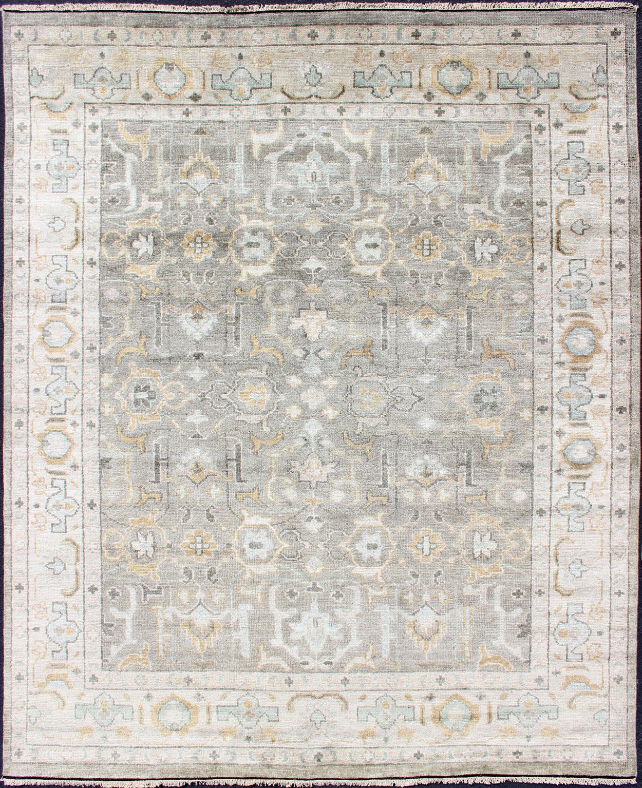 Hand - Knotted Indian Oushak in Faded Green, Taupe, Gold and Cream Measures 8'0 x 10'2 Country of Origin: India; Type: Oushak; Designs: Floral Medallion, Floral Motif, Geometric; Keivan Woven Arts: rug IN - CPL - DM313; Hand - Knotted I... - Keivan Woven ArtsIN - CPL - DM313 - 13456Rug
