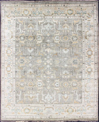 Hand - Knotted Indian Oushak in Faded Green, Taupe, Gold and Cream Measures 8'0 x 10'2 Country of Origin: India; Type: Oushak; Designs: Floral Medallion, Floral Motif, Geometric; Keivan Woven Arts: rug IN - CPL - DM313; Hand - Knotted I... - Keivan Woven ArtsIN - CPL - DM313 - 13456Rug