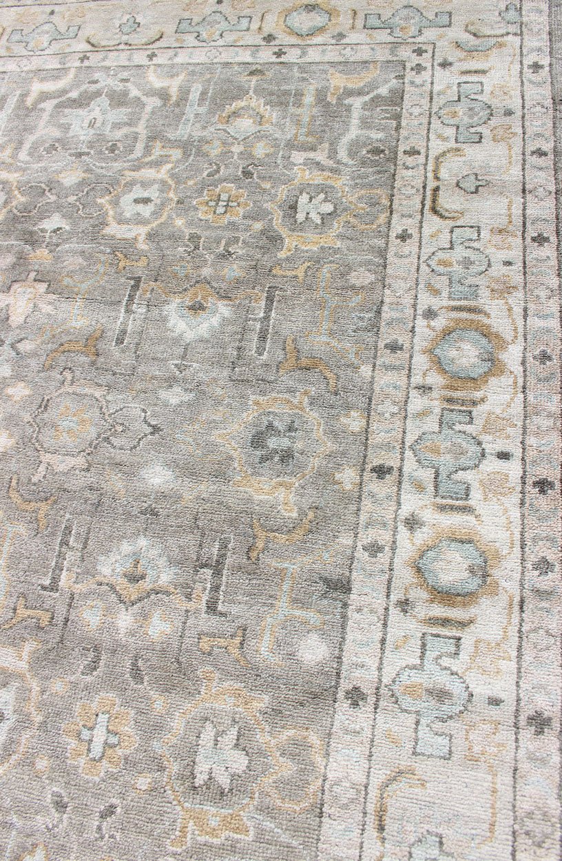 Hand - Knotted Indian Oushak in Faded Green, Taupe, Gold and Cream Measures 8'0 x 10'2 Country of Origin: India; Type: Oushak; Designs: Floral Medallion, Floral Motif, Geometric; Keivan Woven Arts: rug IN - CPL - DM313; Hand - Knotted I... - Keivan Woven ArtsIN - CPL - DM313 - 13456Rug