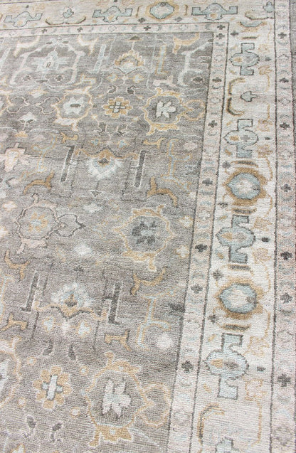 Hand - Knotted Indian Oushak in Faded Green, Taupe, Gold and Cream Measures 8'0 x 10'2 Country of Origin: India; Type: Oushak; Designs: Floral Medallion, Floral Motif, Geometric; Keivan Woven Arts: rug IN - CPL - DM313; Hand - Knotted I... - Keivan Woven ArtsIN - CPL - DM313 - 13456Rug