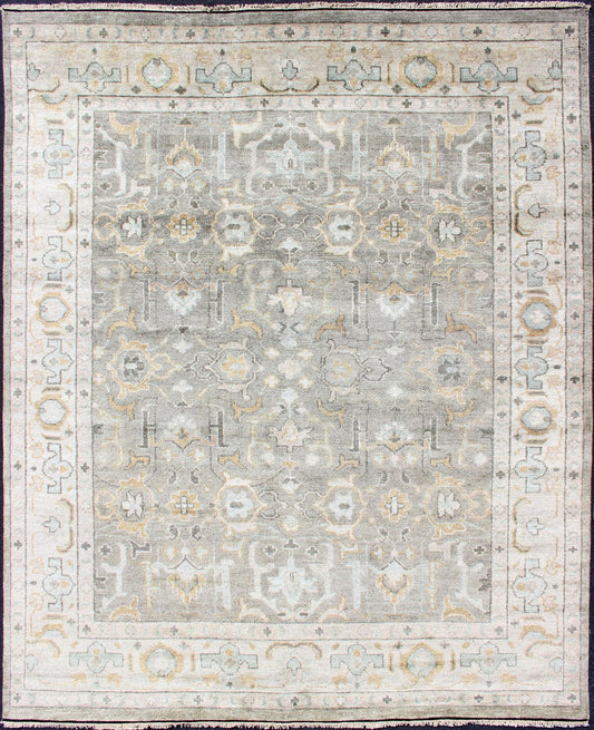 Hand - Knotted Indian Oushak in Faded Green, Taupe, Gold and Cream Measures 8'0 x 10'2 Country of Origin: India; Type: Oushak; Designs: Floral Medallion, Floral Motif, Geometric; Keivan Woven Arts: rug IN - CPL - DM313; Hand - Knotted I... - Keivan Woven ArtsIN - CPL - DM313 - 13456