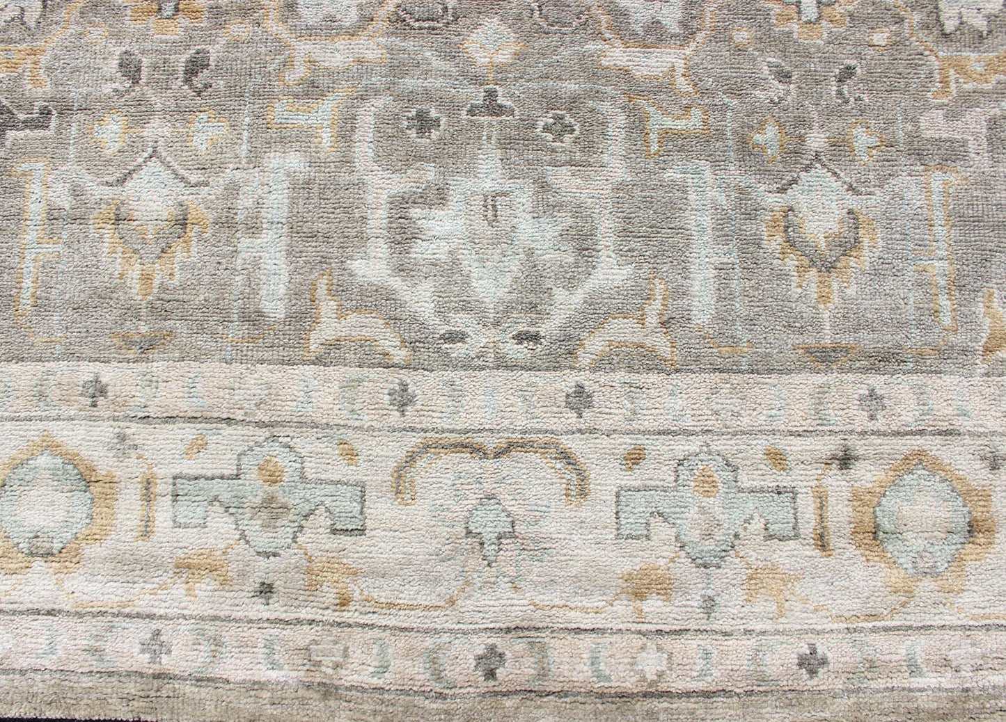 Hand - Knotted Indian Oushak in Faded Green, Taupe, Gold and Cream Measures 8'0 x 10'2 Country of Origin: India; Type: Oushak; Designs: Floral Medallion, Floral Motif, Geometric; Keivan Woven Arts: rug IN - CPL - DM313; Hand - Knotted I... - Keivan Woven ArtsIN - CPL - DM313 - 13456Rug
