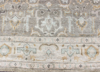 Hand - Knotted Indian Oushak in Faded Green, Taupe, Gold and Cream Measures 8'0 x 10'2 Country of Origin: India; Type: Oushak; Designs: Floral Medallion, Floral Motif, Geometric; Keivan Woven Arts: rug IN - CPL - DM313; Hand - Knotted I... - Keivan Woven ArtsIN - CPL - DM313 - 13456Rug