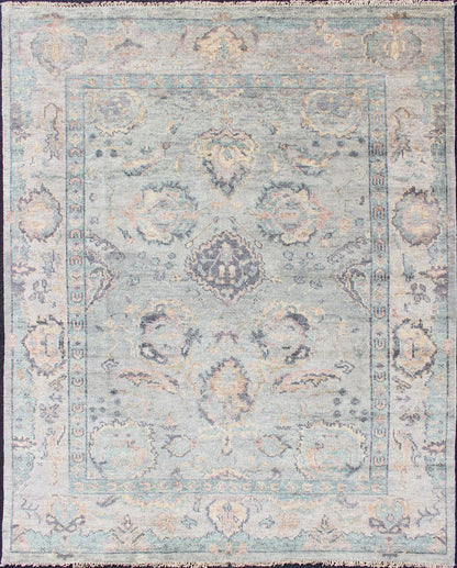 Hand Knotted Wool Oushak Rug Featuring Floral Designs in Muted Colors Measures 7'8 x 9'9 Country of Origin: India; Type: Oushak; Design: All - Over, Floral; Keivan Woven Arts: rug IN - CPL - DM807; Indian Wool Oushak Rug Featuring Flor... - Keivan Woven ArtsIN - CPL - DM807 - 13462Rug