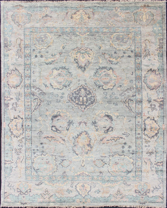 Hand Knotted Wool Oushak Rug Featuring Floral Designs in Muted Colors Measures 7'8 x 9'9 Country of Origin: India; Type: Oushak; Design: All - Over, Floral; Keivan Woven Arts: rug IN - CPL - DM807; Indian Wool Oushak Rug Featuring Flor... - Keivan Woven ArtsIN - CPL - DM807 - 13462