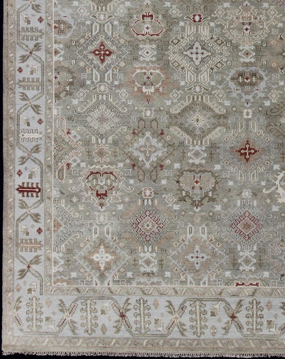 Modern Oushak Tribal Designed Rug in Greens, Tan, Lt. Blue, and Rusty Red Oushak rug with rust, greens, lt. blue, and neutral color palette and all - over tribal design. Keivan Woven Arts / rug IN - EXP - 103, country of origin / type: India/ Oushak ... - Keivan Woven ArtsIN - EXP - 103 - 12026Rug
