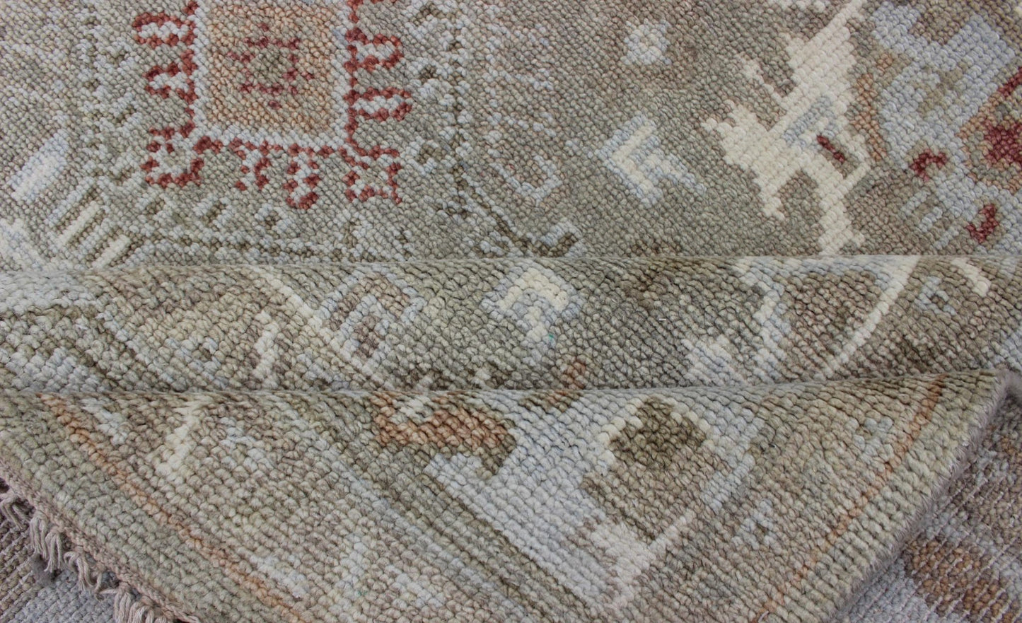Modern Oushak Tribal Designed Rug in Greens, Tan, Lt. Blue, and Rusty Red Oushak rug with rust, greens, lt. blue, and neutral color palette and all - over tribal design. Keivan Woven Arts / rug IN - EXP - 103, country of origin / type: India/ Oushak ... - Keivan Woven ArtsIN - EXP - 103 - 12026Rug