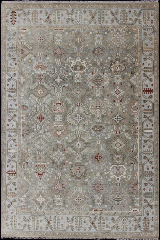 Modern Oushak Tribal Designed Rug in Greens, Tan, Lt. Blue, and Rusty Red Oushak rug with rust, greens, lt. blue, and neutral color palette and all - over tribal design. Keivan Woven Arts / rug IN - EXP - 103, country of origin / type: India/ Oushak ... - Keivan Woven ArtsIN - EXP - 103 - 12026