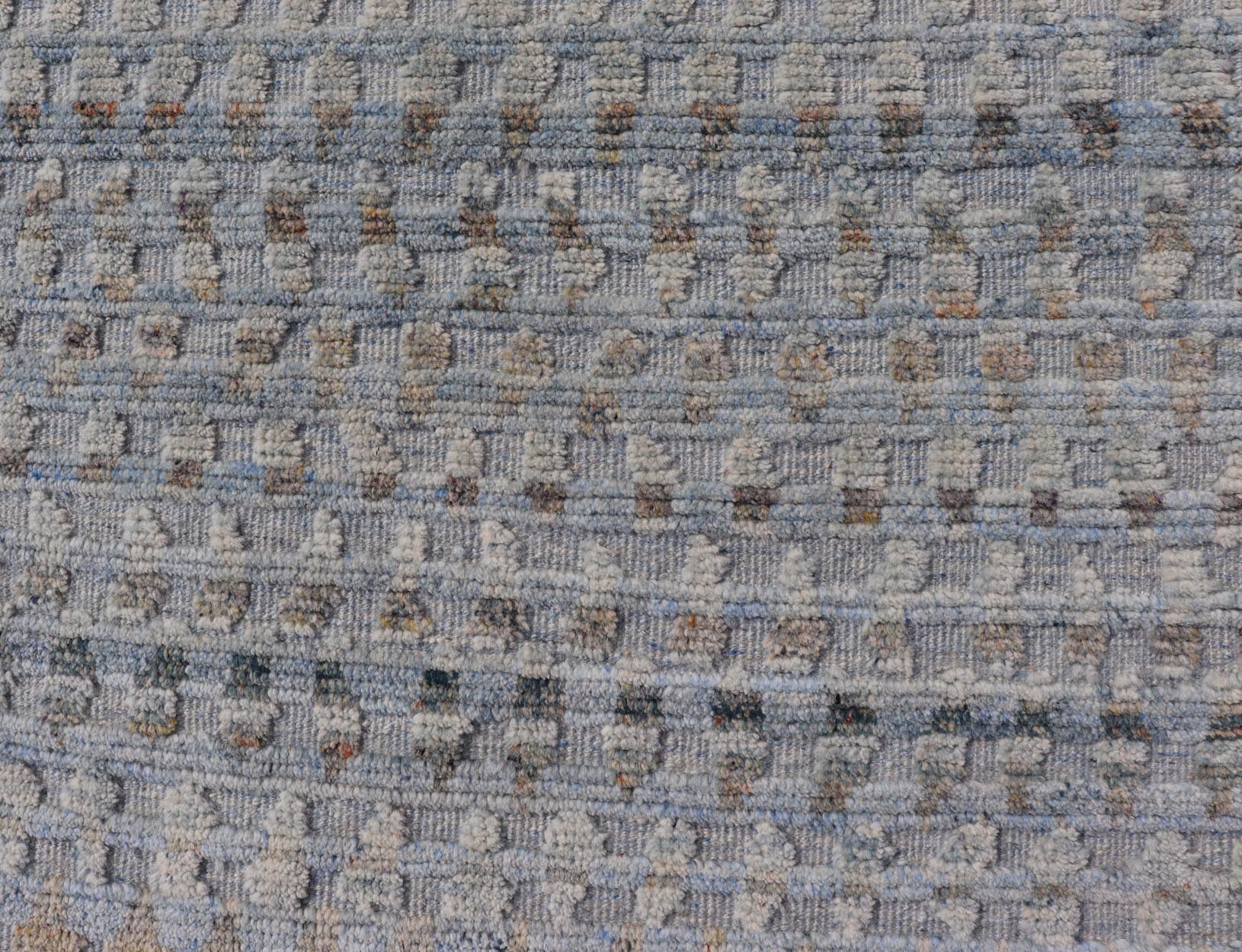 Modern Hi - Low Area Rug With Abstract Design in Light Blue and Green Measures 8'1 x 9'11 This particular piece has a luxurious texture, the field is a soft sky blue, with specks of green scattered within the field. This wonderful piece is ... - Keivan Woven ArtsIN - ILM - 157 - TR - 2330 - 20970