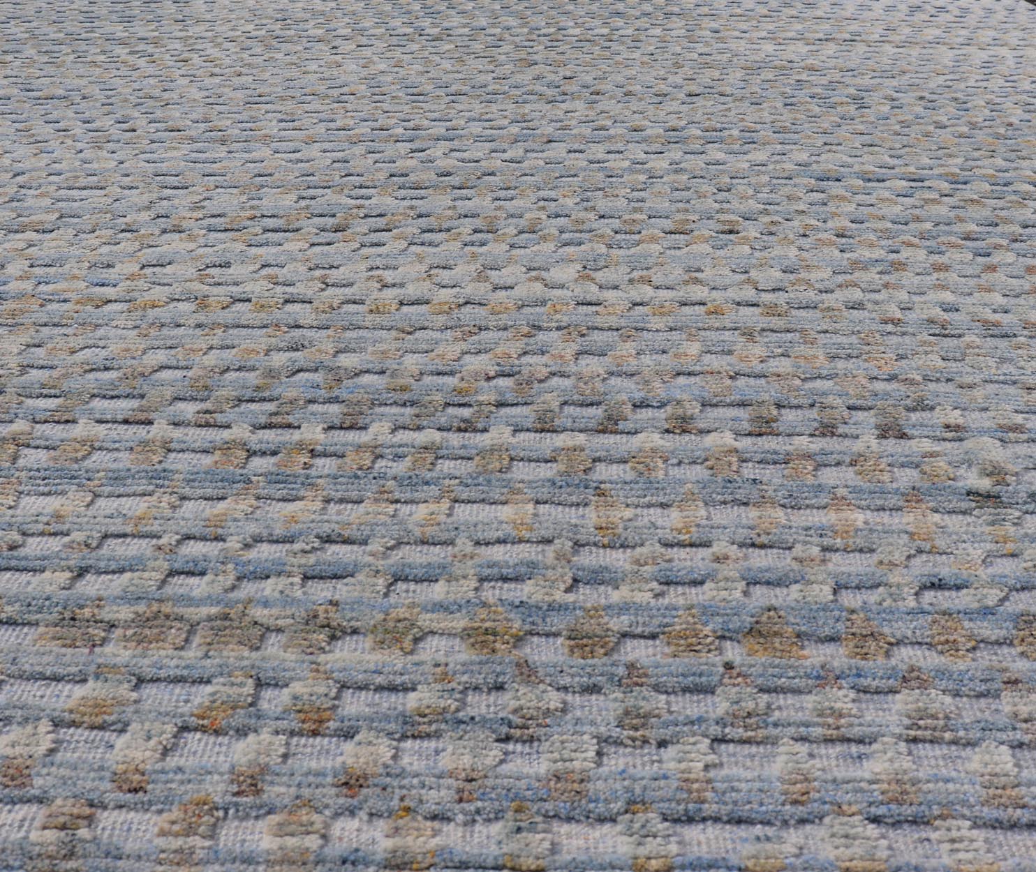 Modern Hi - Low Area Rug With Abstract Design in Light Blue and Green Measures 8'1 x 9'11 This particular piece has a luxurious texture, the field is a soft sky blue, with specks of green scattered within the field. This wonderful piece is ... - Keivan Woven ArtsIN - ILM - 157 - TR - 2330 - 20970Rug
