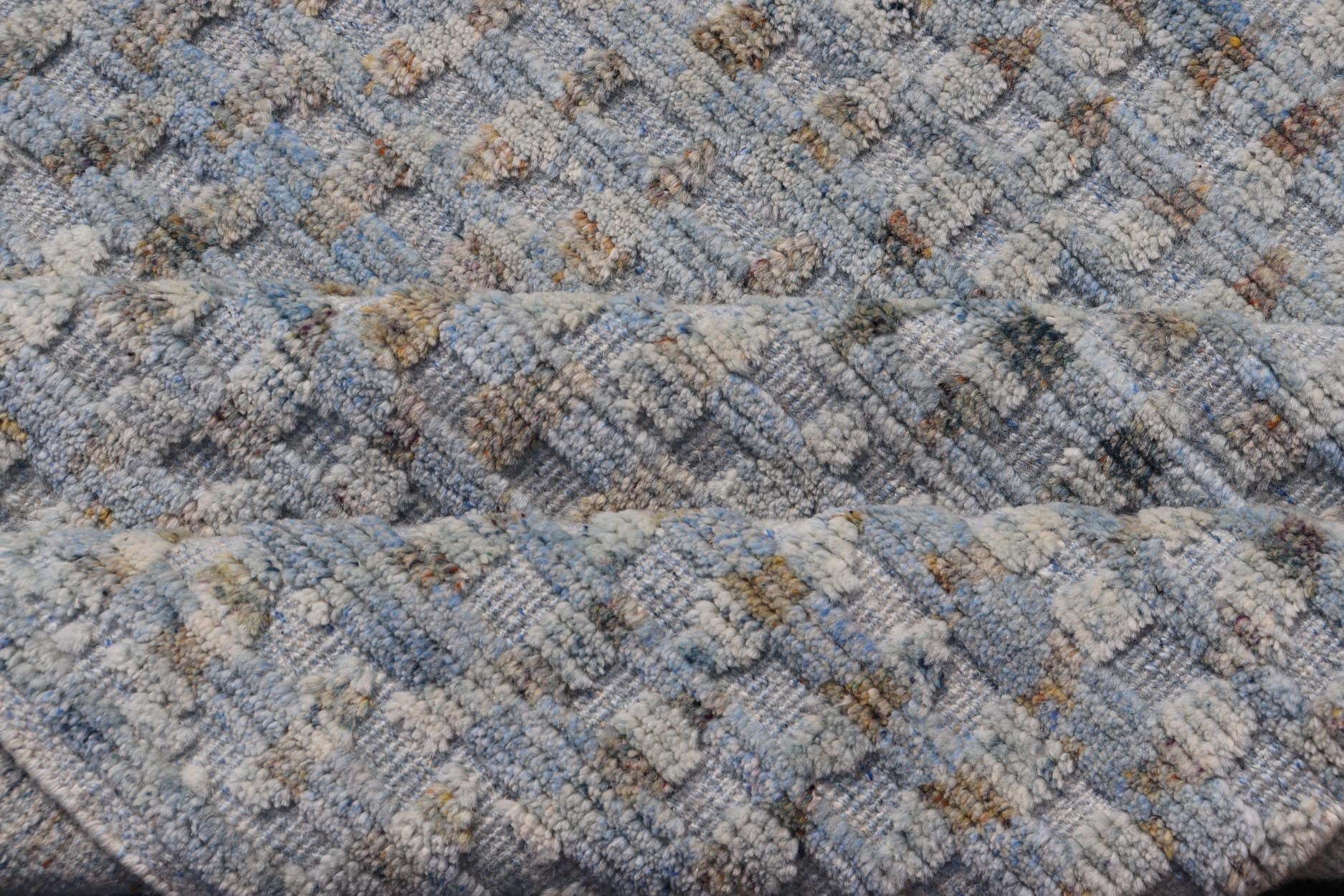 Modern Hi - Low Area Rug With Abstract Design in Light Blue and Green Measures 8'1 x 9'11 This particular piece has a luxurious texture, the field is a soft sky blue, with specks of green scattered within the field. This wonderful piece is ... - Keivan Woven ArtsIN - ILM - 157 - TR - 2330 - 20970