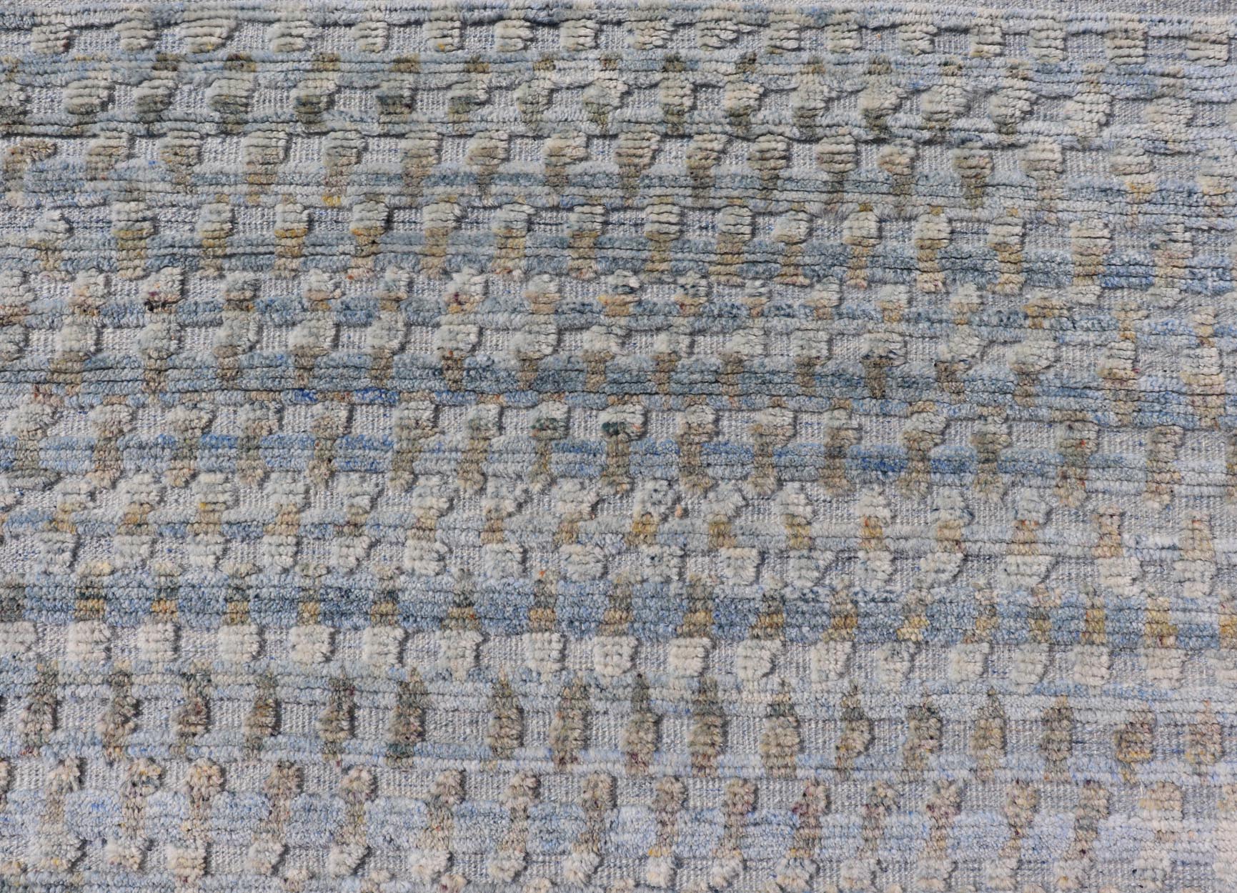 Modern Hi - Low Area Rug With Abstract Design in Light Blue and Green Measures 8'1 x 9'11 This particular piece has a luxurious texture, the field is a soft sky blue, with specks of green scattered within the field. This wonderful piece is ... - Keivan Woven ArtsIN - ILM - 157 - TR - 2330 - 20970Rug