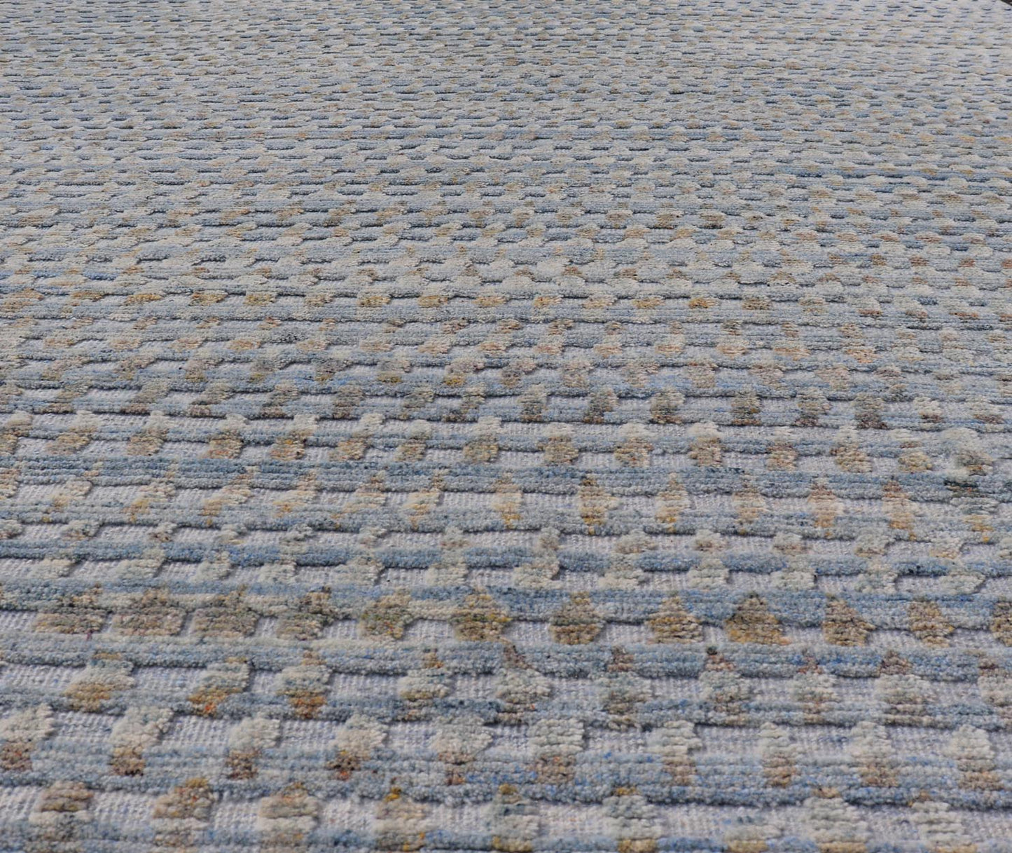 Modern Hi - Low Area Rug With Abstract Design in Light Blue and Green Measures 8'1 x 9'11 This particular piece has a luxurious texture, the field is a soft sky blue, with specks of green scattered within the field. This wonderful piece is ... - Keivan Woven ArtsIN - ILM - 157 - TR - 2330 - 20970