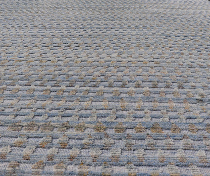 Modern Hi - Low Area Rug With Abstract Design in Light Blue and Green Measures 8'1 x 9'11 This particular piece has a luxurious texture, the field is a soft sky blue, with specks of green scattered within the field. This wonderful piece is ... - Keivan Woven ArtsIN - ILM - 157 - TR - 2330 - 20970