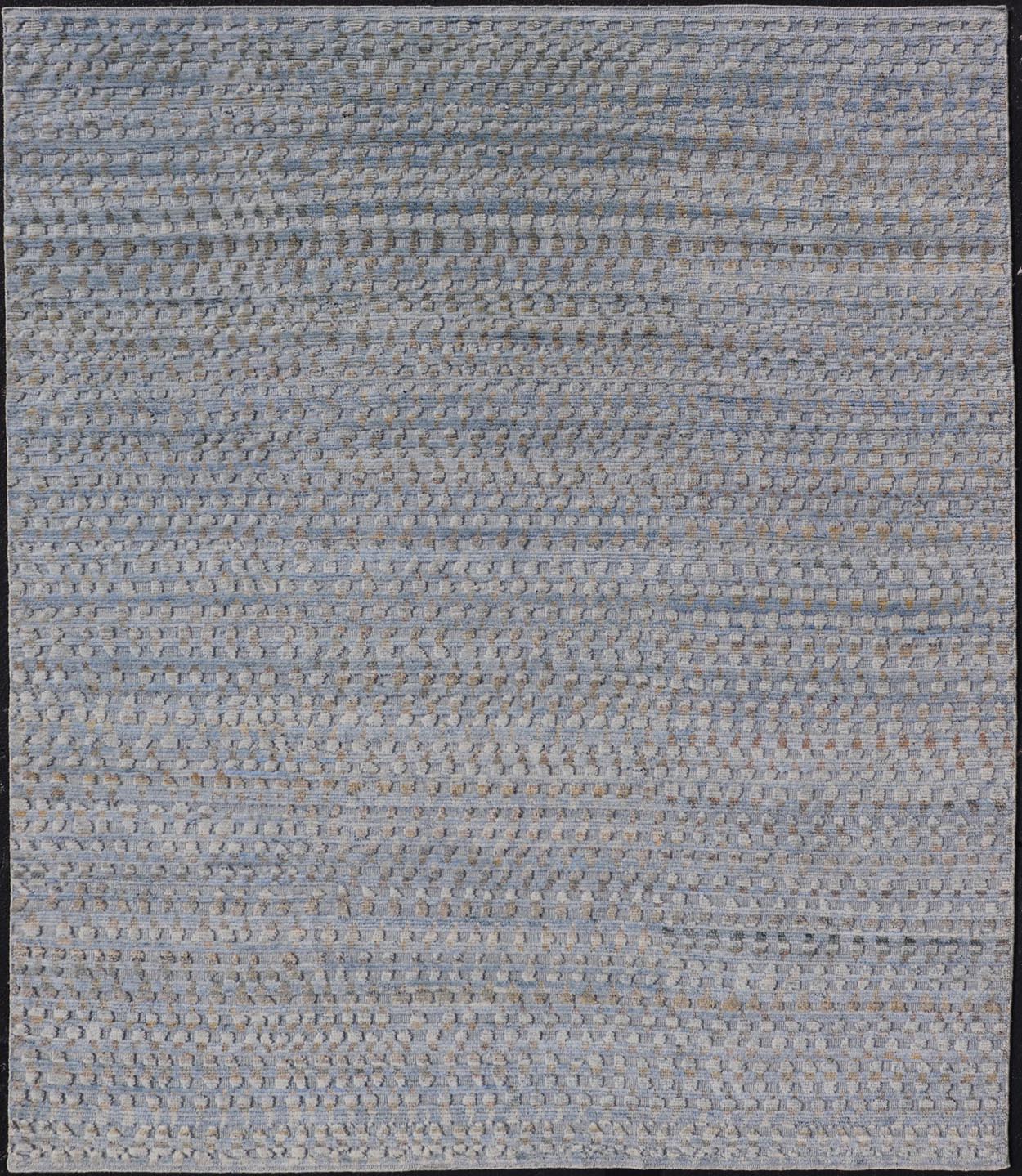 Modern Hi - Low Area Rug With Abstract Design in Light Blue and Green Measures 8'1 x 9'11 This particular piece has a luxurious texture, the field is a soft sky blue, with specks of green scattered within the field. This wonderful piece is ... - Keivan Woven ArtsIN - ILM - 157 - TR - 2330 - 20970