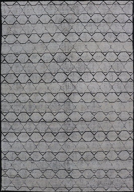 Indian Modern Geometric & Minimal Design Area Rug in Ivory and Black Measures 6'1 x 9'2 The design is a minimalistic, repeating pattern of octagons and triangles in black and ivory paneling the entire face horizontally. With a less - is - m... - Keivan Woven ArtsIN - ILM - 162 - 20988
