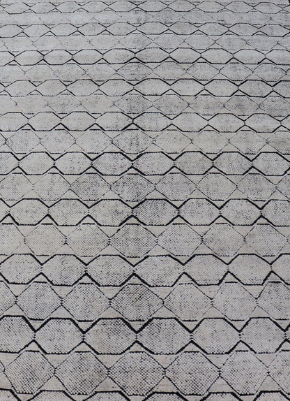 Indian Modern Geometric & Minimal Design Area Rug in Ivory and Black Measures 6'1 x 9'2 The design is a minimalistic, repeating pattern of octagons and triangles in black and ivory paneling the entire face horizontally. With a less - is - m... - Keivan Woven ArtsIN - ILM - 162 - 20988Rug